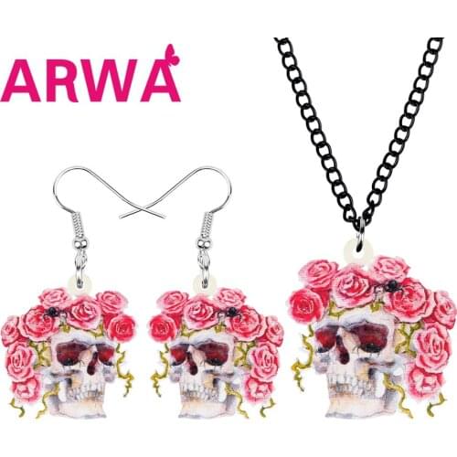 ARWA Acrylic Halloween Rose Skull Skeleton Jewelry Sets Big Flower Earrings Necklace For Women Girls Kids Charm Gift Decoration
