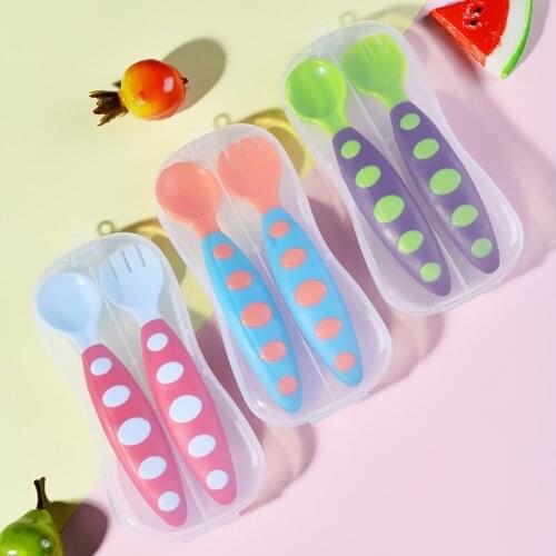 Baby Double Color Spoon Fork Set Food Spoon Feeding Tableware Pp Spoon 2 Boxed Training Spoon Fork Cartoon Cutlery Set Spoon