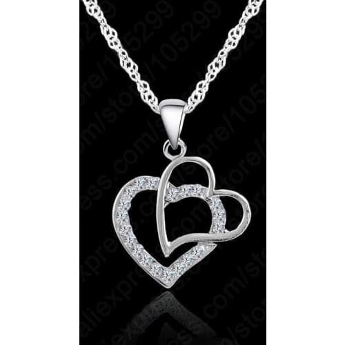 Double Heart Romantic Fine 925 Sterling Silver Jewelry Crystal Pendant Necklace With 18" Chain Women Wedding Jewelry