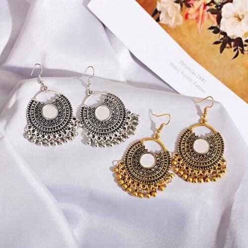 Ethnic Round Hollow Alloy Tassel Dangle Earrings For Women Mirror Earrings Vintage Bohemia Hollow Tibetan Earrings