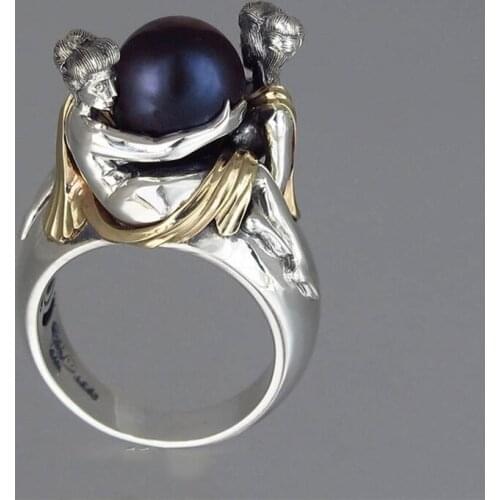 Fashion Creative Black And Silver Color Embrace Pearl Ring Womens Finger Rings Accessories Party Jewelry Gifts