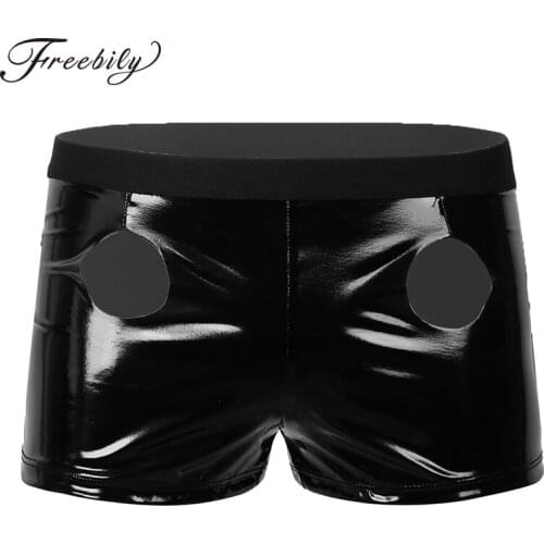 Latex Male Boxer Shorts Tight Panties Wet Look Clubwear Patent Leather Erotic Lingerie Front Two Holes Man Underwear Boxer Short