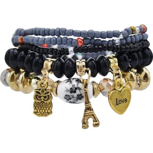 Bohemia Vintage Multi-layer Beaded Charm Bracelets Set Women Heart Pendant white Black Stone Bracelets Fashion Gypsy Jewelry