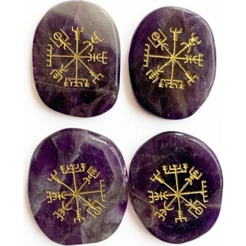 Natural Amethyst Quartz Crystal Palm Stones Set Nordic Stone Amulets Viking Runes Vegvisir Compass Symbols