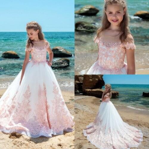 Flower Girl Dresses Applique First Communion Party Prom Princess Gown Bridesmaid Wedding with Train Formal Girl Dress