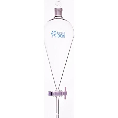 Separatory funnel pear shape,with ground-in glass stopper and stopcock,Capacity 1000ml,PTFE switch valve