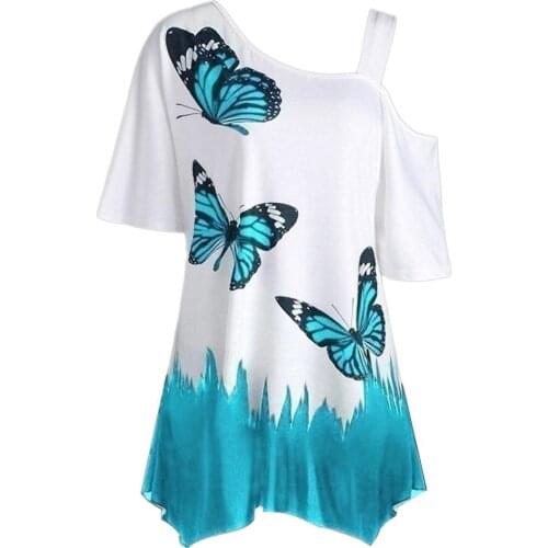 Womens summer shirt Plus Size Women Tshirt Butterfly Print T-shirt Cold Shoulder Short Sleeve Tunic Tee Top футболка 2020