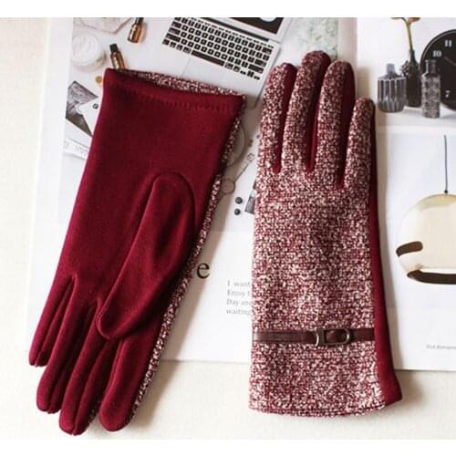 Knitted cotton gloves womens thin elastic spring and autumn brushed lining to keep warm for female students daily wear