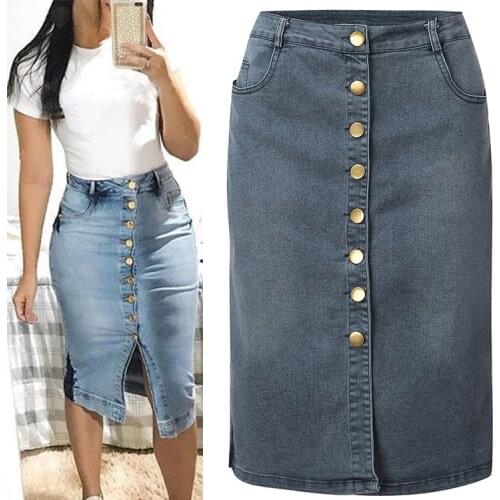 Women Fashion Denim Skirt Summer Fall Denim Skirt Button Design Split Front Fork Split Skirt Casual Large Size Denim Skirt Soft