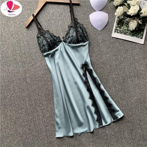2020 Woman Ice Silk Sexy Camisole Nightgown V-Neck Lace Imitate Real Silk Nightwear
