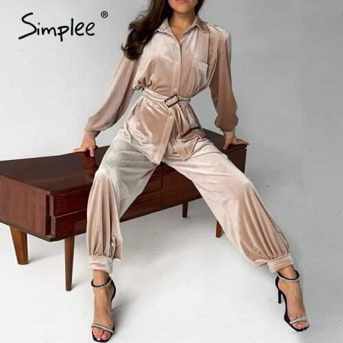 Simplee long sleeve velvet blouse pants belt outfits feamle Two-Pieces soft trousers set pocket Knitted autumn winter suit 2020