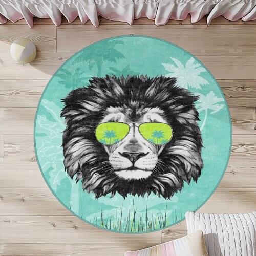Mavi Yuvarlak Çocuk Odası Halısı aslan gözlük palmiye ağacı ağaç