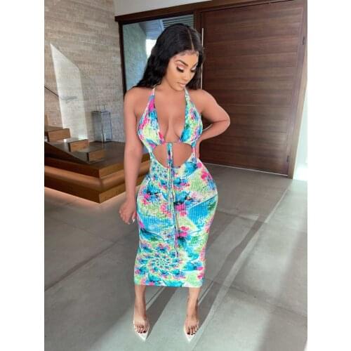 BKLD Club Outfits For Women 2021 Summer Clothes Backless Print Elegant Casual V-Neck Halter Lace-Up Hollow Out Midi Dress