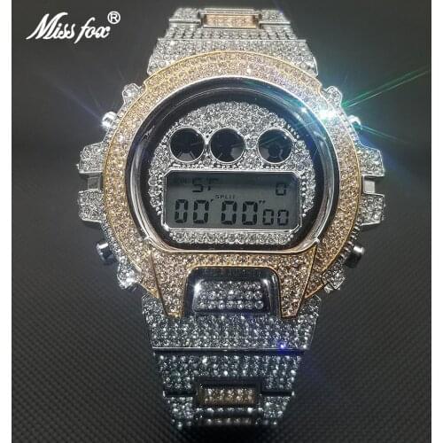 MISSFOX Diamond Decorate Men Wristwatch Luxury Classic Designer Rose Gold Quartz Watches hip hop iced out Tonneau Digital Clock