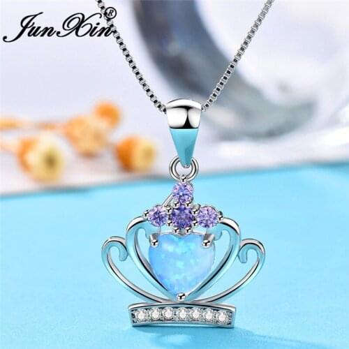 JUNXIN Cute Crown Pendant Blue White Fire Opal Necklaces For Women Silver Color Purple Zircon Heart Choker Jewelry