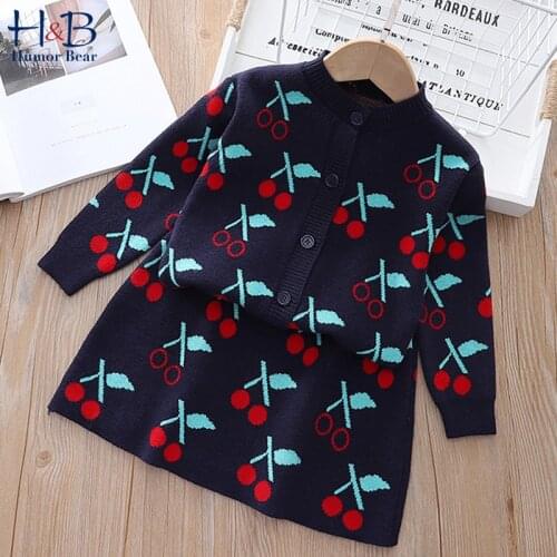 Humor Bear Girls' Clothing Sets New Autumn Cartoon Fruit Knitted Cardigan+ Cute Sweater Skirt 2Pcs Warm Kids Clothes