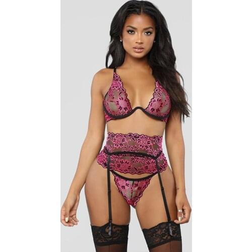 Sexy Bra Crotchless Panties Set Embroidery Lingerie Thin Temptation Bra and Panty with Garters Sets Women Intimates