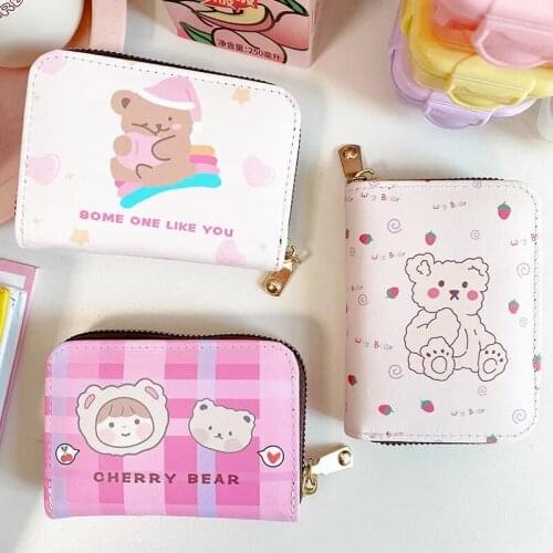 Short Plaid Wallet Folding Card Pack Cute Bear Mini Coin Purse Clutch Card Holder Cash Organizer Money Bag Kawaii Portable Pouch