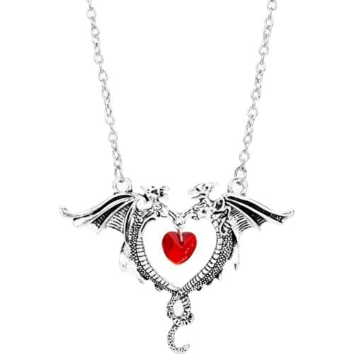 MQCHUN Personality Vintage Double Dragon Necklace Punk Choker Red Crystal Heart Charms Necklace Gothic Jewelry Accessories -30