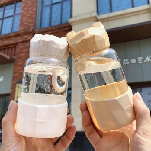 Cartoon Cute Water Bottle for Girls Kawaii Animal Bear Glass Drink Bottles with Silicone Sleeve Women Portable Water Cup