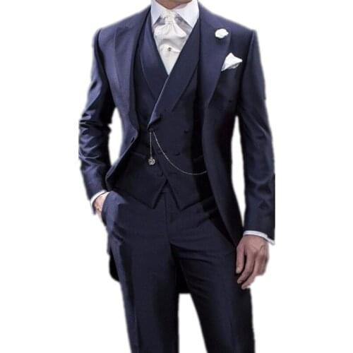 Mens Suit 3 piece Navy blue Prom Wedding Suits for Men Shiny Tailcoat Tailored Groom Tuxedo Slim Fit Suit Men Jacket Pants Set