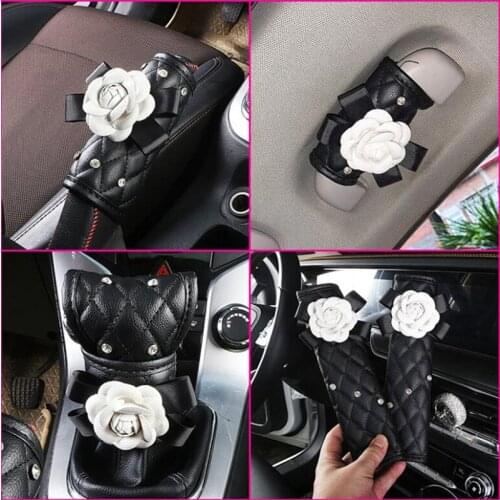 Camellia Flowers Automatic Gear Shift Collars Rearview Mirror Cover Seat Belt Shoulder Cover Handbrake Cover Interior Ornament