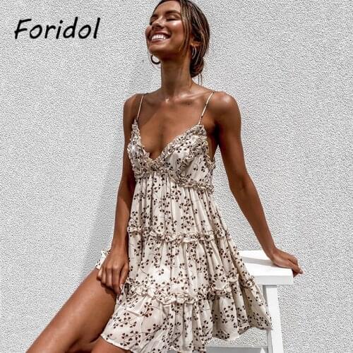 V Neck Floral Print Dress Women Summer Casual Beach Boho Dress Ruffles A-line Dress Mini Vestidos Clothes Girls Party Dress