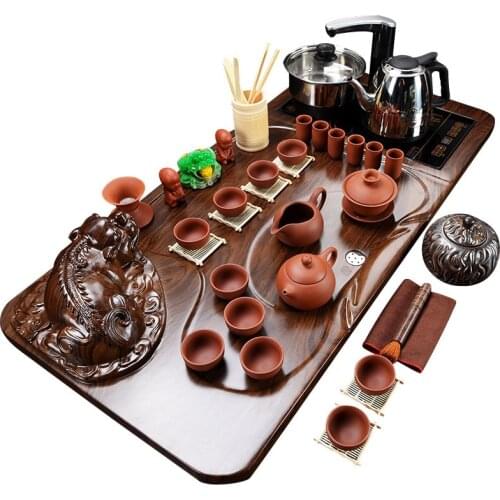 Semi-automatic Lazy Zisha Kungfu Tea Set Solid Wood Tea Plate Four in One Electromagnetic Furnace Set