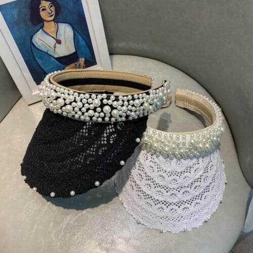 New Empty Hat Lace Pearl Panama Women Summer Caps Visors Raffia Straw Hat For Lady Beach Boater Visera Mujer Visiere Casquette