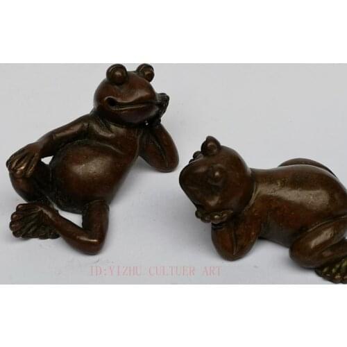 YIZHU CULTUER ART A Pair Signature Collection China Old Bronze Carving Lovely Frog Statue Paperweight Decoration Gift