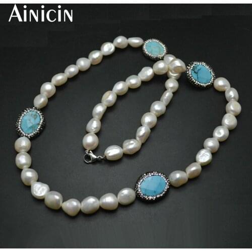 High Quality Handmade Fashion Women Natural Freshwater Pearl 20'' Chain Necklace Blue Green Stone Rhinestone Paved Beads Jewelry
