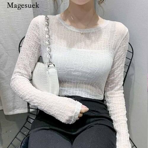 Long Sleeve T-shirt Women See Through O-neck Blouse 2020 Autumn Fashion Lace Bottoming Shirt Women Pleated Mesh Top Blusas 11409