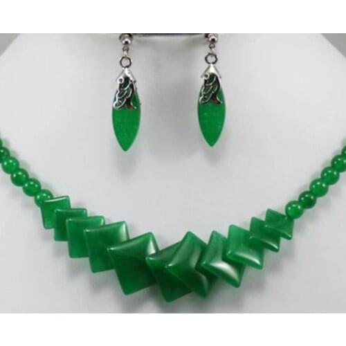 Womens simple fashion silver plated fish Long Water Drop Earrings + green jade square tower chain set
