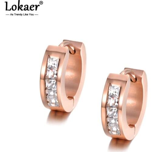 Lokaer Cubic Zirconia Hoop Earrings White Crystal Jewelry Stainless Steel Rose Gold & Silver Color Women Gift Rhinestone E18484