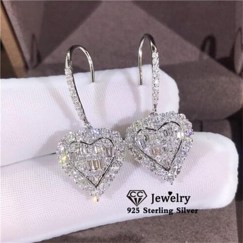 S925 Silver Drop Earrings For Women Bridal Wedding Cubic Zirconia Heart Ear Hook Engagement Elegant Brincos Drop Shipping CCE718