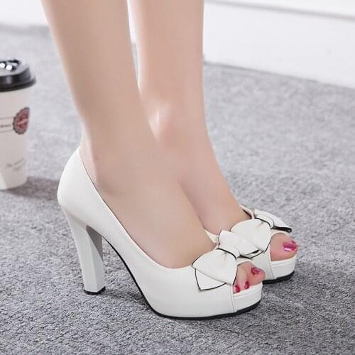 Fish Mouth High Heel Female Thick With 2019 Spring And Summer New Single Shoes The Wild Lady Waterproof Platform Bow White