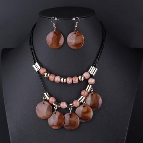 2019 Resin Acrylic Jewelry Sets For Women Beaded Geometric Leather Rope Necklace Round Earrings Bridal Wedding Engagement