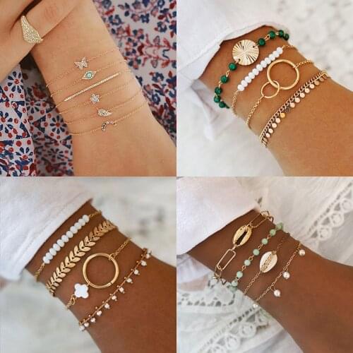 Women Boho Geometric Chain Bracelets Set On Hand For Female Crystal Moon Butterfly Leaves Charm Bangle 2021 Bohemia Jewelry Gift