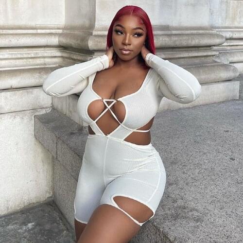 Casual Sportswear Fitness Knit Rib Solid Romper Playsuit Sexy Deep V Neck Hollow Out Long Sleeve Shorts Jumpsuit Women Overalls