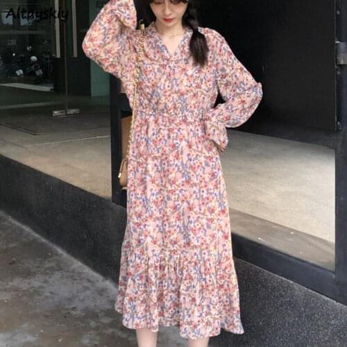 Floral Dresses Women Mid-calf Length Draped Lantern Sleeves V-neck Casual Korean Style Elegant Spring Female Trendy Ulzzang Chic