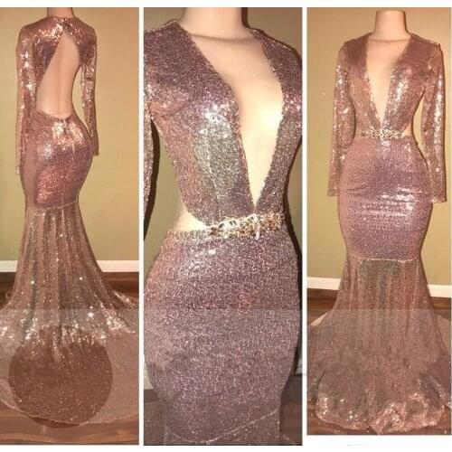 Champagne Gold Sequin Prom Evening Dress 2021 Vintage Long Sleeve V Neck Sexy Open Back Cutaway Sides Long Vestidos Party Wears