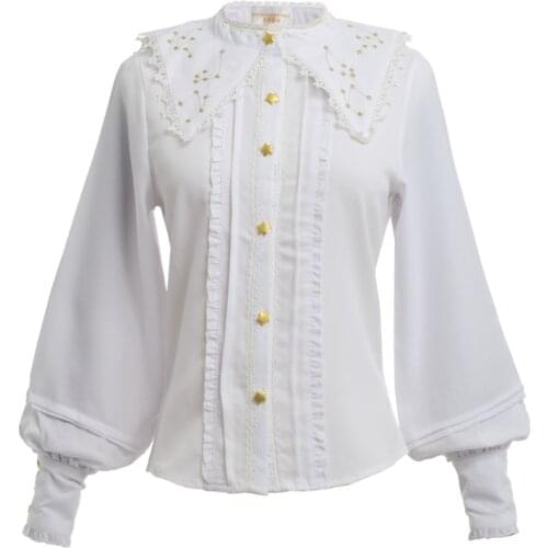 White Lolita Blouse Fairy Women Golden Constellation Embroidered Long Sleeve Shirt Tops