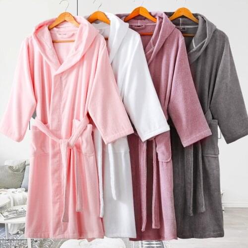 Womens Bathrobe 100% Cotton Hooded Plush Long Sleeve Open Front Robes Christmas Robe Sleepwear Homewear Kimono robe White Winter