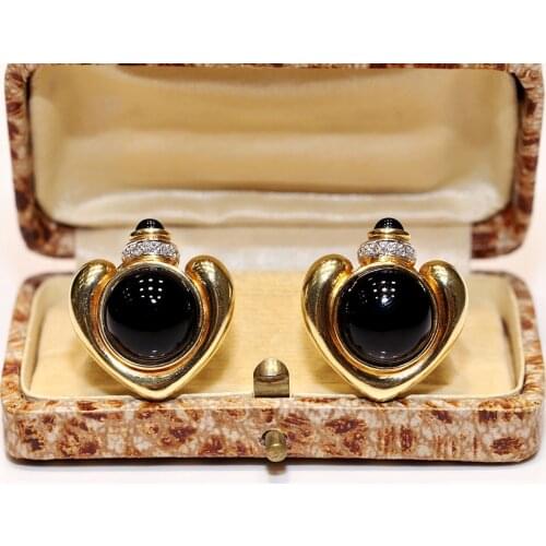 Perfect Vintage 18k Gold Natural Diamond And Oniks Decorated Pretty Amazing Strong Heart Earring