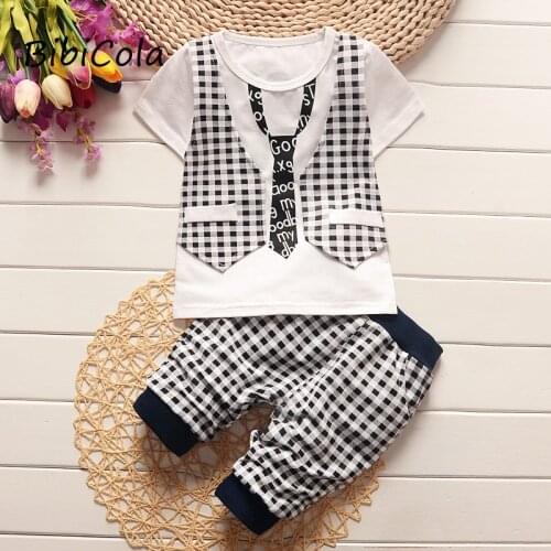 BibiCola summer baby boys clothing set toddler children sport suit set 2Pcs lattice gentleman tracksuit kids boys summer set