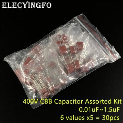 400V CBB Capacitor Assorted Kit,Sample bag,6ValuesX5PCS=30PCS,400V / 103J 473J 104J 334J 105J 155J,No Polarity AC Capacitor
