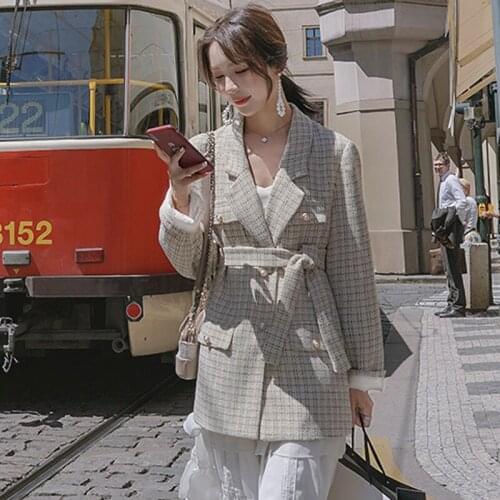 Apricot Plaid Tweed Jacket Autumn / Winter Womens Casual Jacket Long Sleeve Business ladies One Piece Jacket Coat