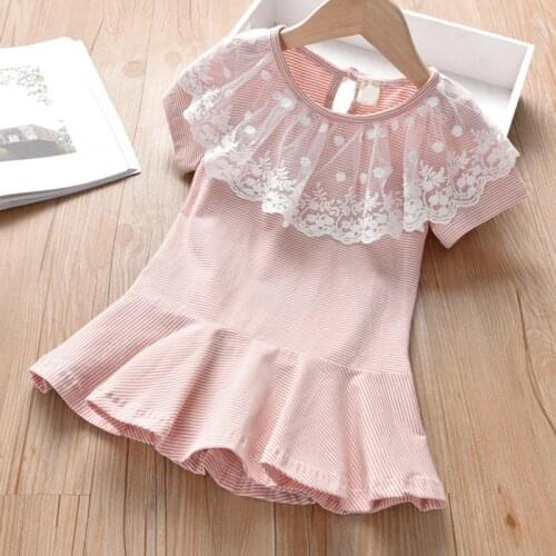 Girls' Summer Short Sleeve Stripe Dress Toddler Baby Girls Summer Short Sleeve Lace Doll Collar Princess Dresses
