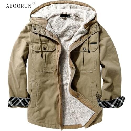 ABOORUN Plus Size Mens Casual Woolen Hooded Jacket Pure Cotton Loose Thick Warm Coat for Male