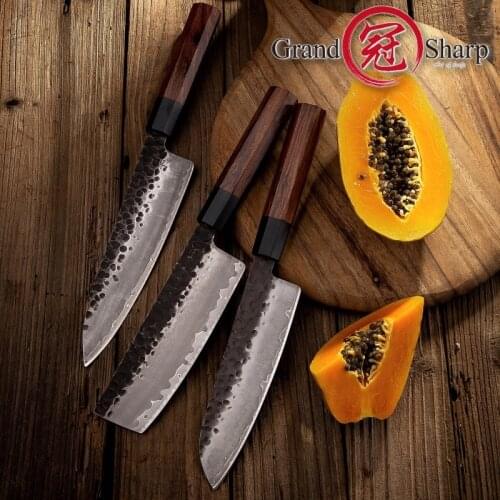 Handmade Kitchen Knives Set 3pcs 3 Layers Japanese AUS-10 Steel Chef Santoku Nakiri Slicing ECO Friendly Cooking Tool Grandsharp